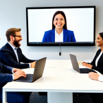 A diverse group of professional adults, fully clothed in modest business attire, enthusiastically engaging in a virtual collaborative meeting. They are seated at a sleek, modern conference table in a brightly lit, contemporary office space. Laptops show vibrant on-screen video calls, creating a sense of shared presence and strong camaraderie. All subjects display perfect anatomy, correct proportions, natural poses, and well-formed hands. professional dress, appropriate attire, safe for work, appropriate content, fully clothed, family-friendly, high-quality photography, studio lighting.