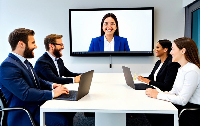 A diverse group of professional adults, fully clothed in modest business attire, enthusiastically engaging in a virtual collaborative meeting. They are seated at a sleek, modern conference table in a brightly lit, contemporary office space. Laptops show vibrant on-screen video calls, creating a sense of shared presence and strong camaraderie. All subjects display perfect anatomy, correct proportions, natural poses, and well-formed hands. professional dress, appropriate attire, safe for work, appropriate content, fully clothed, family-friendly, high-quality photography, studio lighting.