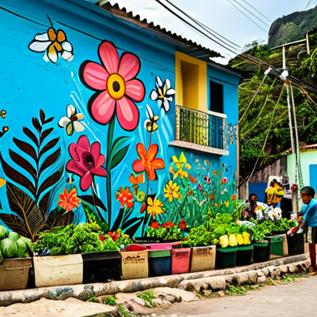 **
A vibrant community garden in Rio de Janeiro, Brazil. People of all ages are tending to plants, wearing gardening gloves and appropriate outdoor clothing. Colorful flowers and lush vegetables fill the scene. Background shows a favela painted with bright murals. Safe for work, appropriate content, fully clothed, family-friendly, perfect anatomy, correct proportions, natural pose, professional photography, high quality.
**