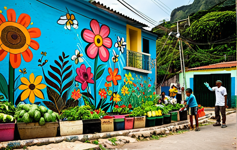 **
A vibrant community garden in Rio de Janeiro, Brazil. People of all ages are tending to plants, wearing gardening gloves and appropriate outdoor clothing. Colorful flowers and lush vegetables fill the scene. Background shows a favela painted with bright murals. Safe for work, appropriate content, fully clothed, family-friendly, perfect anatomy, correct proportions, natural pose, professional photography, high quality.
**