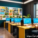 Home 21 커뮤니티 내 커뮤니케이션 툴 선택 가이드 - A vibrant digital community workspace featuring diverse Brazilian young adults actively engaging thr...