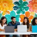 Home 18 커뮤니티 활성화를 위한 콘텐츠 캘린더 작성하기 - A vibrant, modern social media community workspace featuring a diverse group of young Brazilian cont...